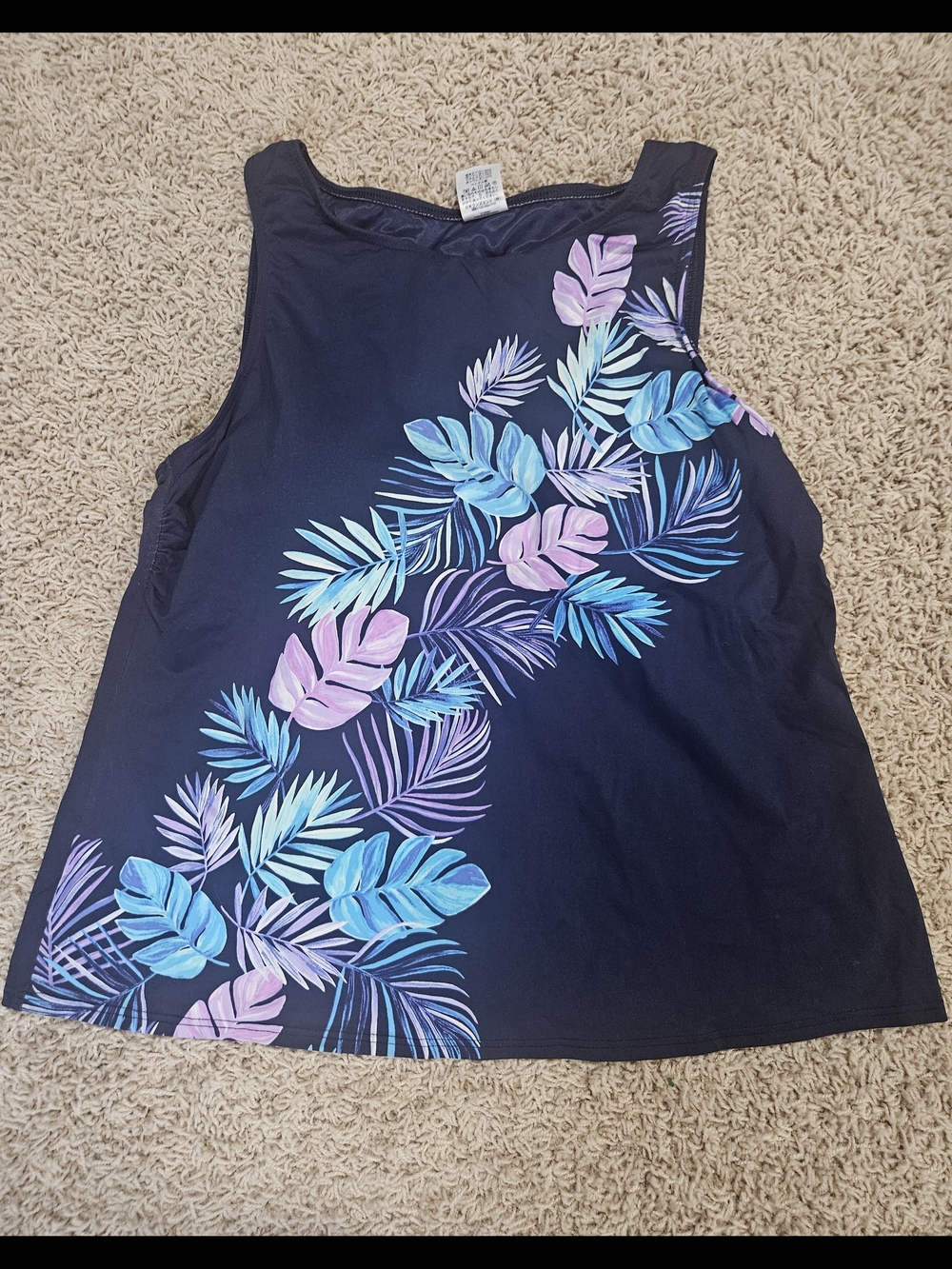 Lands' End Navy Swim Tank with Teal & Lavender Tropical Leaf Print